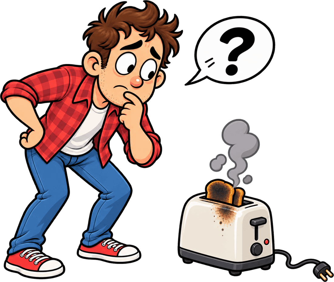 A person scratching their chin, puzzling over smoke rising from a toaster